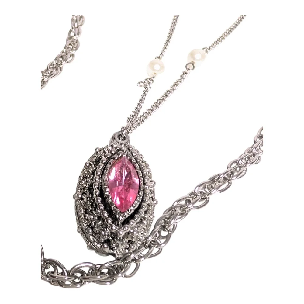 Vintage Style Layered Necklace Pink Rhinestone Marquise Pendant‎ Pearl Accents - Picture 3 of 9